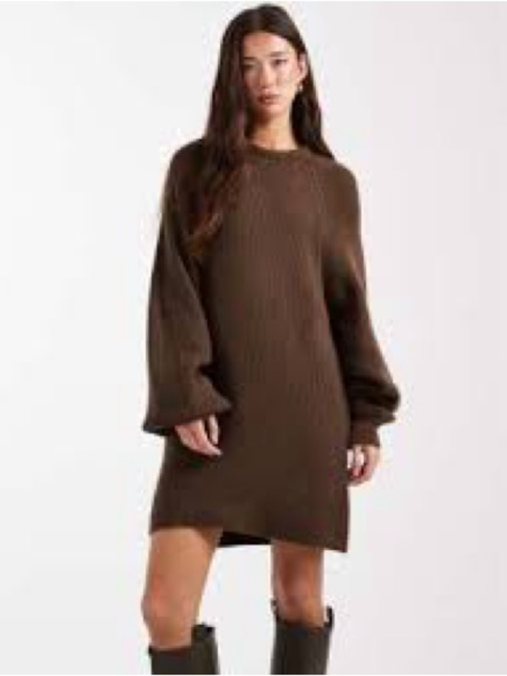 Dreamers Xs Oversized Brown Balloon-Sleeve Knit Mini Dress - Women